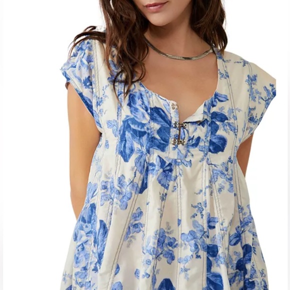 Free People Sully Mini Dress Womens XS Boho Coquette Floral Slit Sleeve Flare - Picture 2 of 15